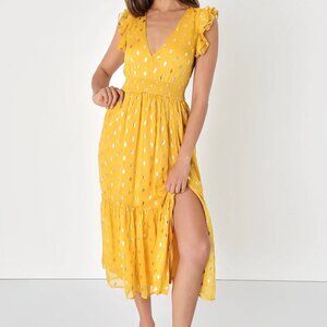 Lulu's Cause to Celebrate Yellow and Gold Dot Ruffled Tiered Midi Dress - Size